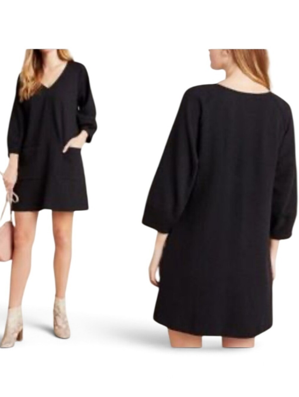 Maeve Angelika V-Neck Tunic Dress Black Balloon Sleeve Anthropologie M